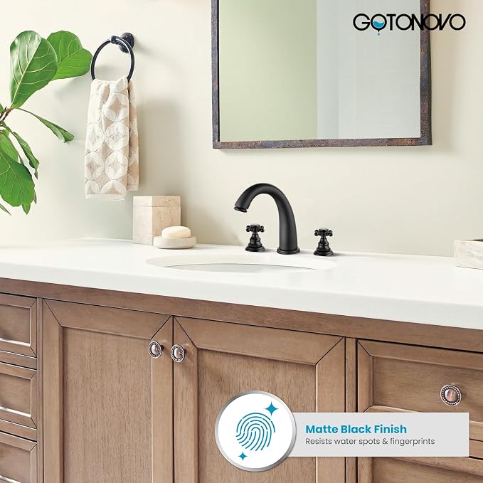gotonovo Widespread Bathroom Sink Faucet 3 Hole Matte Black,No Label | Vintage 8’’ Bathroom Faucet,2 Cross Handle,6-16’’ Sink,Vanity,RV,Farmhouse,SUS304,24’’ cUPC Hose,Pop Up Drain,Deck Mount
