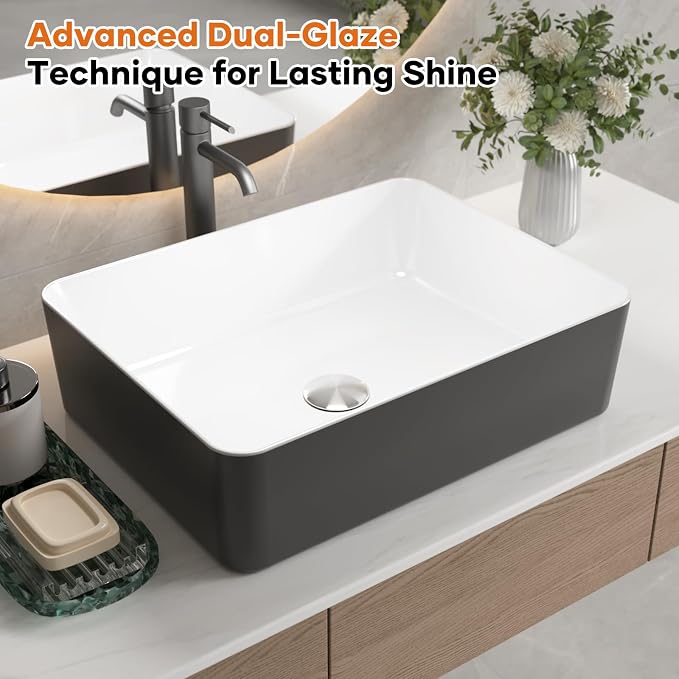 19"x15" Black & White Rectangle Ceramic Vessel Bathroom Sink | Modern Rectangular Countertop Sink Crafted from Durable Ceramic, Compatible with Vessel Sink Faucets, Smooth Two-Tone Finish