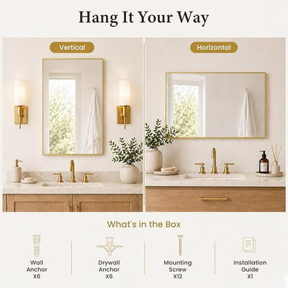 2-Pack 24"x36" Brushed Gold Framed Bathroom Vanity Wall Mirrors | Taller Vanity Pair, Balanced Twin-Sink Look, Matching Finish Across Rooms, Vertical/Horizontal Hanging, Tempered Glass