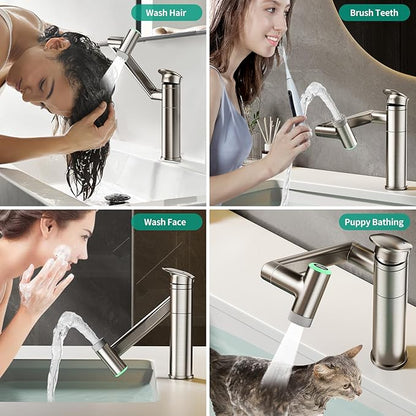 Modern Bathroom Faucet 1 Hole with Temperature Display(Batteries-Free), 1080° Rotatable Single Hole Bathroom Faucet, Single Handle Bathroom Vanity Faucets, 2 Spray Modes (Brushed Nickel)