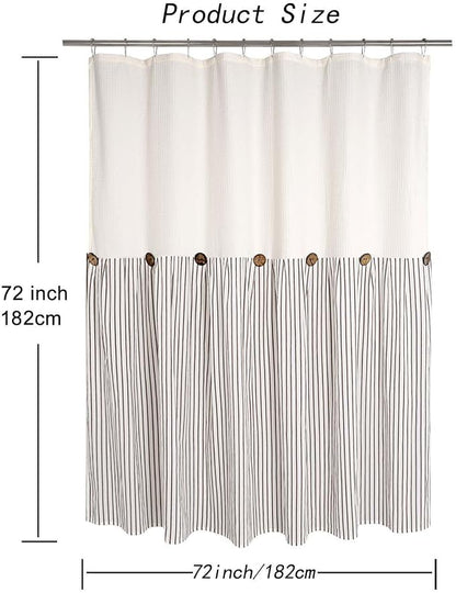 DOSLY Ides Farmhouse Shower Curtain, Beige and Brown Striped, Button Curtain, Spa Waffle and Cotton Woven Fabric, Rustic Charm Country Chic Style, 72x72 in