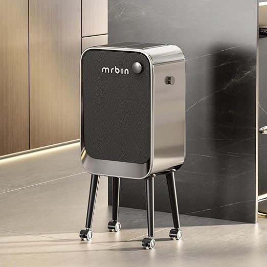 Mrbin Motion Sensor Bathroom Trash Can with Leg and Wheel, 5.5 Gal Tall Smart Waste Basket for Bedroom, Automatic Ozone Odor Purification Neutralizing, Touchless Butterfly Lid, Stainless Steel & Black