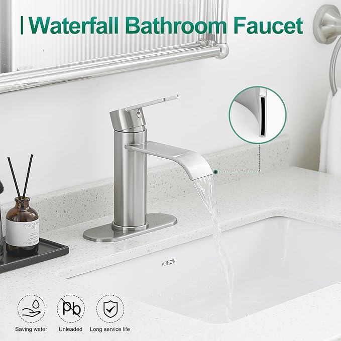 VOTON Waterfall Bathroom Faucet Brushed Nickel, Single Handle 1 or 3 Hole Modern Sink Faucet with Deck Plate & Pop-Up Drain, Vanity Washbasin Tap