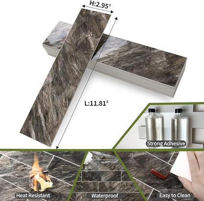 AULIGET 4-Piece Polished Brown Peel and Stick Backsplash Wall Tiles, 3" x 12" PVC Faux Stone Stick on Tiles for Backsplash Kitchen, Bathroom, Laundry Room, Camper, Fireplace