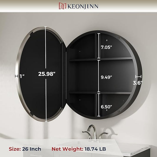Keonjinn Round Brushed Nickel Medicine Cabinet Mirror for Bathroom, 26 Inch Surface Mount Medicine Cabinet with Mirror, Circular Framed Mirrored Medicine Cabinets, Modern Cabinet with Vanity Mirror