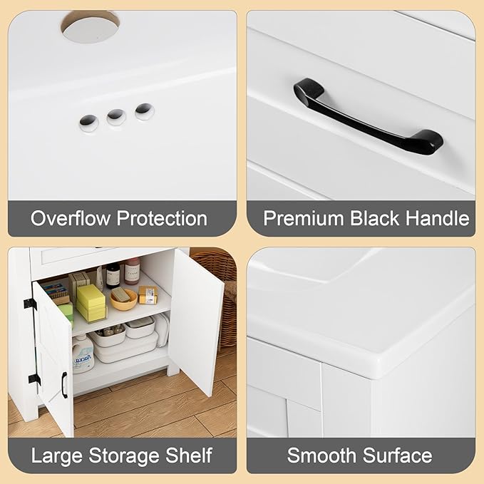 Bathroom Vanity, 24" Bathroom Vanity with Ceramic Sink, Farmhouse Bathroom Vanity Cabinet for Small Space, Freestanding Storage Cabinet with Shelf, 2 Doors, Easy Assembly