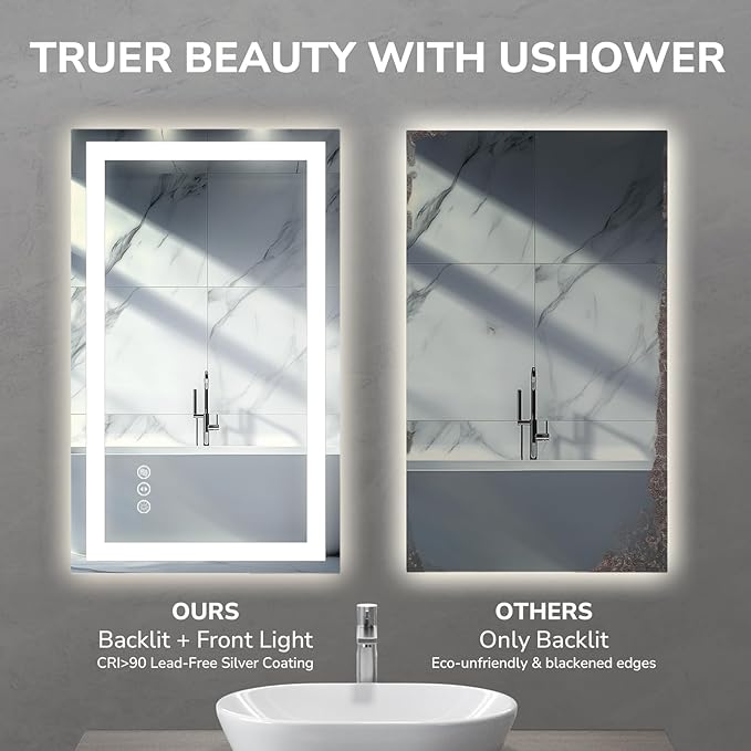 40x32 Inch LED Bathroom Mirror for Over Sink | Tempered Glass - Frameless Backlit Lighted Mirror for Bathroom Vanity with Anti-Fog, 3 Colors Dimmable, Memory Function
