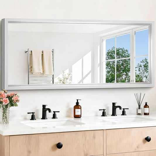 28x60 Silver Bathroom Mirror, Brushed Silver Rectangular Mirror for Wall, 0.6" Thickened Deep Frame Mirrors for Bathroom Sink, Shatterproof Tempered Glass, Antirust, Horizontally or Vertically