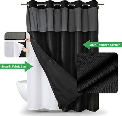 eachope No Hook Boho Arch Shower Curtain with Snap-in Liner Set,71x80,Black | 230GSM Thick Fabric,Easy to Install,Sheer Window,Magnetic Weighted Hem,Waterproof & Machine Washable,for Bathroom,Hotel