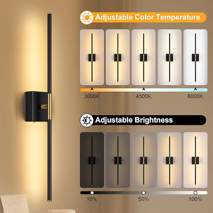 Wall Sconces Set of Two with Remote Control 29.1 in Dimmable Black Gold Battery Operated Wall Lights 350° Ratation 3000K-6000K LED Wireless Rechargeable Sconce for Bathroom Living Room Bedroom