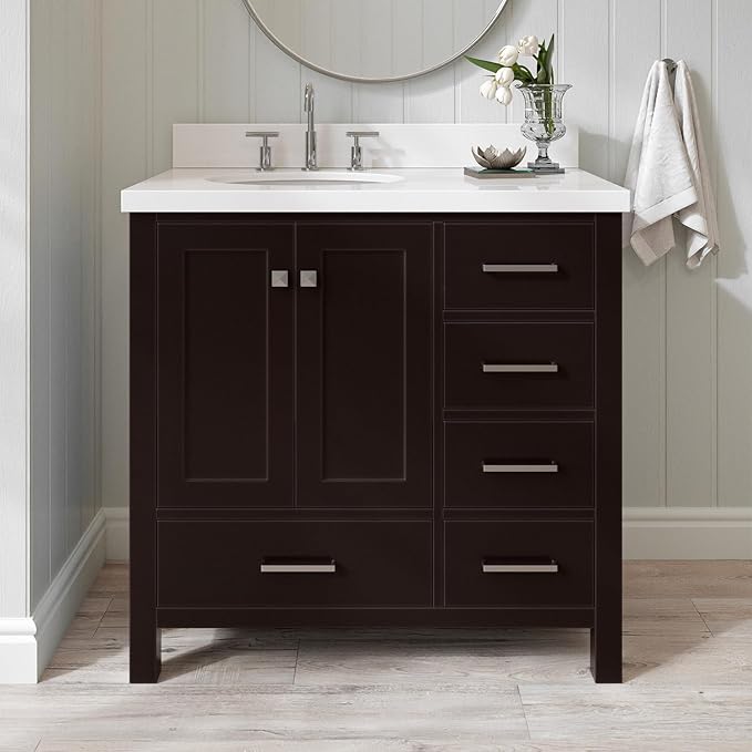 ARIEL Cambridge 36-inch Bathroom Vanity with Sink,Solid Wood, 1.5-inch Pure White Quartz Countertop & Backsplash, Single Oval Porcelain Sink, 2 Soft Closing Doors, 5 Dovetail Drawers, Espresso