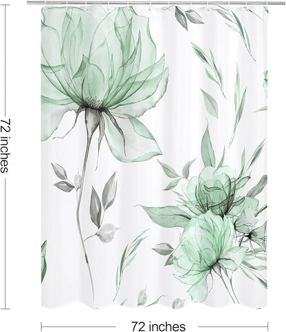 Green Boho Floral Shower Curtain, Watercolor Botanical Design, 72 x 72 | Boho Floral Design, Watercolor Ink Painting Style, Botanical Flowers & Leaves, Elegant Bathroom Accent, Fabric Cloth Curtain