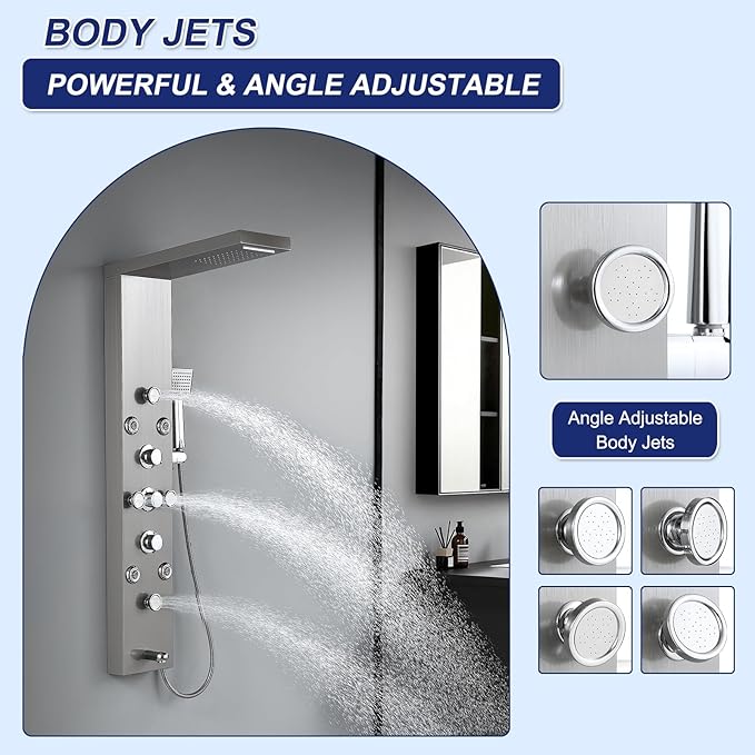ROVATE 6 in 1 Shower Panel Tower System with Rainfall Waterfall Head, Brushed Shower Tower with Body Jets and Rainfall and Handheld, Tub Spout, Brushed Stainless Steel Shower Column High Pressure