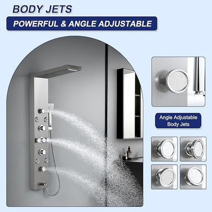 ROVATE 6 in 1 Shower Panel Tower System with Rainfall Waterfall Head, Brushed Shower Tower with Body Jets and Rainfall and Handheld, Tub Spout, Brushed Stainless Steel Shower Column High Pressure