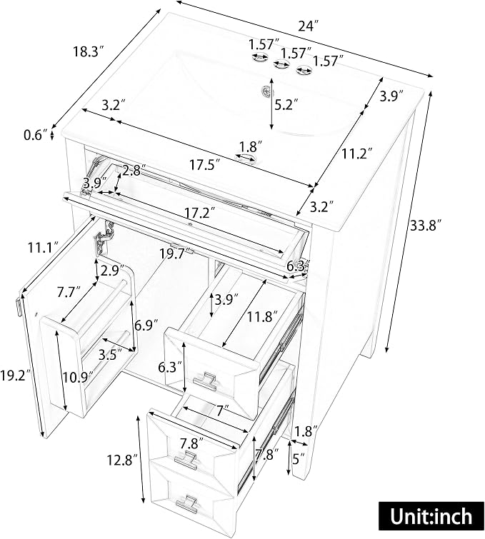 Merax 24 Inch Bathroom Vanities with Undermount Ceramic Sink, Tip-Over Drawer and Side Drawers, Soft Closing Door with Shelf, Solid Wood Frame, White