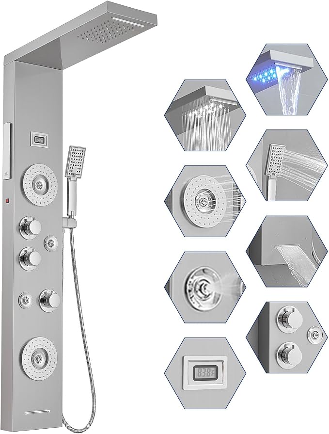 BWE 6 in 1 Shower Panel Tower System with LED Lights & Temp Display | Stainless Steel shower system with Rainfall, Waterfall, 2-Type Massage Jets, Handheld and Tub Spout, Brushed Nickel