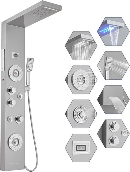 BWE 6 in 1 Shower Panel Tower System with LED Lights & Temp Display | Stainless Steel shower system with Rainfall, Waterfall, 2-Type Massage Jets, Handheld and Tub Spout, Brushed Nickel