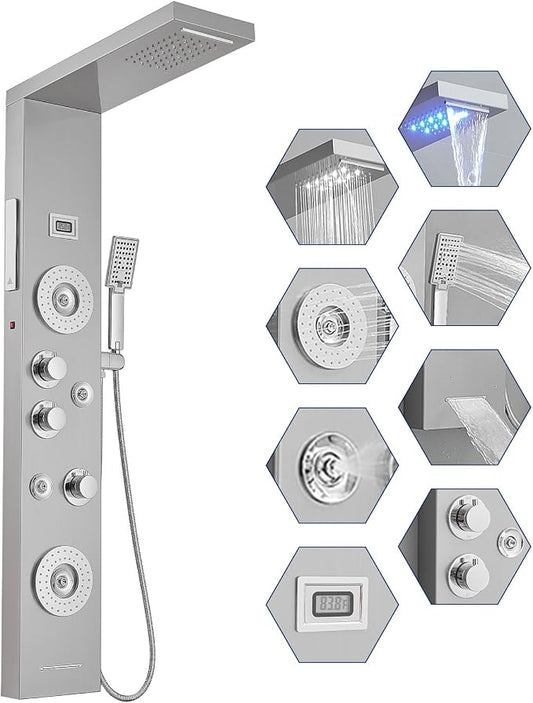 BWE 6 in 1 Shower Panel Tower System with LED Lights & Temp Display | Stainless Steel shower system with Rainfall, Waterfall, 2-Type Massage Jets, Handheld and Tub Spout, Brushed Nickel