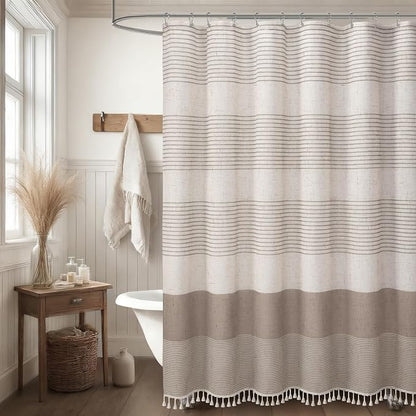 Taupe Farmhouse Linen Striped Shower Curtain with Tassel 72"W X 72"L | Boho Farmhouse Shower Curtains with Linen Texture for Bathroom Decor
