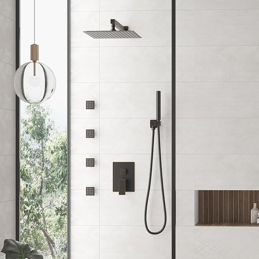 Hoimpro 12 Inch Rainfall Shower Faucet with 4 Full Body Shower Jet Fixtures Combo, Wall Mounted Shower System Set with Rain Mixer Shower Head and 2 in 1 Spray Handheld Showerhead, Oil Rubbed Bronze
