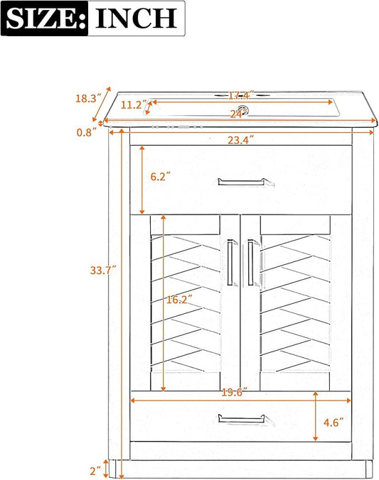 Merax Herringbone Single Sink Bathroom Vanity, Freestanding 24" Modern Bathroom Vanity Storage Cabinet with 2 Drawers and 2 Doors, Solid Wood Frame