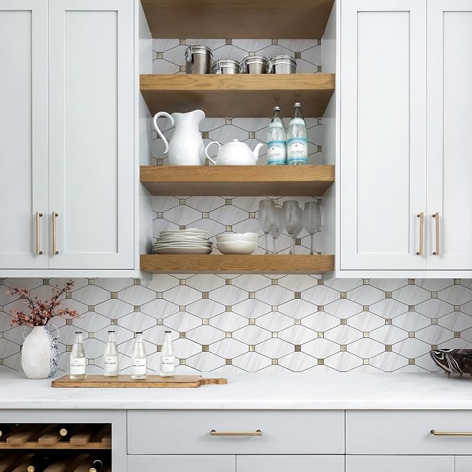 STICKGOO 10 Sheets Peel and Stick Backsplash, Dolomite White | PVC Mixed Metal Gold Kitchen Backsplash, Waterproof, Self Adhesive Tiles for Fireplace, Bathroom, RV