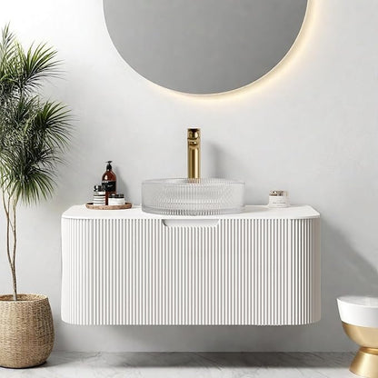 36 inch Floating Bathroom Vanity with Sink, Modern Bathroom Cabinet with Ultra-Thin Round Crystal Glass Basin and Marble Top, Large Storage Drawer, Soft-Close Design, Pre-Assembled, White