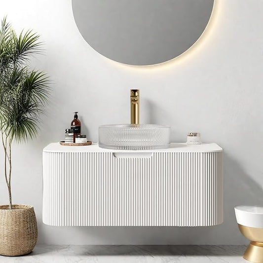 36 inch Floating Bathroom Vanity with Sink, Modern Bathroom Cabinet with Ultra-Thin Round Crystal Glass Basin and Marble Top, Large Storage Drawer, Soft-Close Design, Pre-Assembled, White