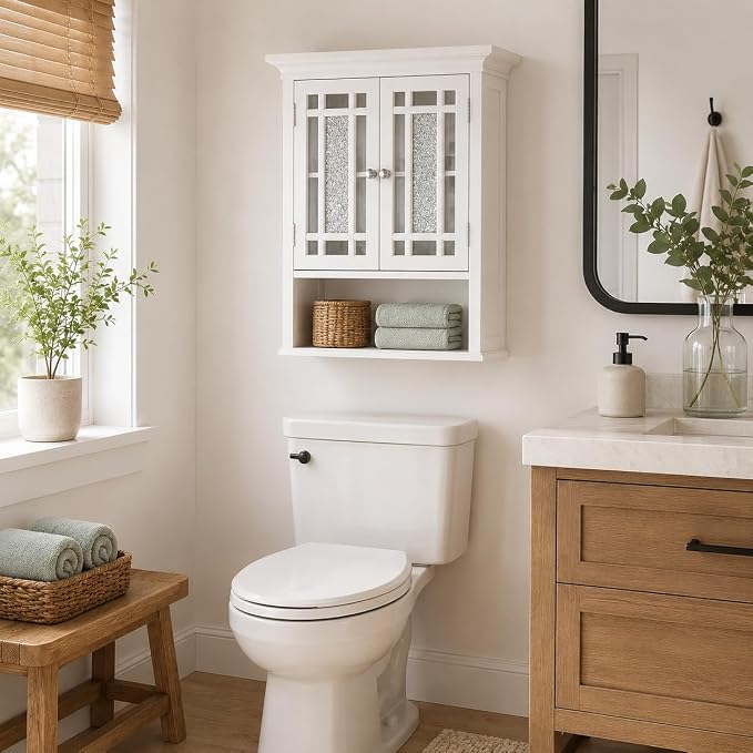 Teamson Home Windsor White Engineered Wood Bathroom Wall Cabinet with Glass Mosaic Doors