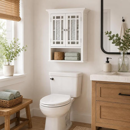 Teamson Home Windsor White Engineered Wood Bathroom Wall Cabinet with Glass Mosaic Doors