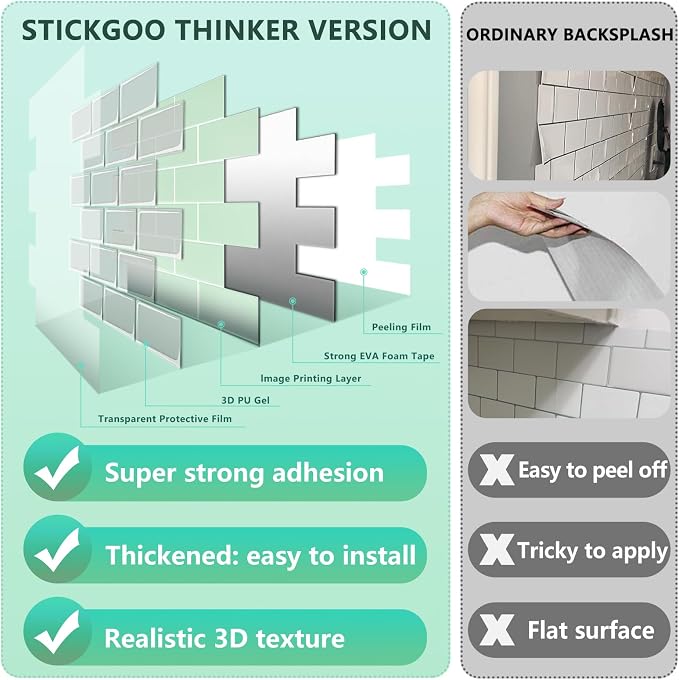STICKGOO Subway Tile Peel and Stick Backsplash, Thicker Design 12" x 12" Stick on Backsplash Tiles for Kitchen, Bathroom, Wall Tile (10 Sheets, Light Green)