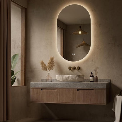 Keonjinn 24 x 40 Inch Oval LED Mirror for Bathroom, Pill-Shaped Backlit Mirror Bathroom for Wall, HD Tempered Glass, Safe Defogging, UL-Listed, 3000K/4500K/6500K, (Horizontal/Vertical)