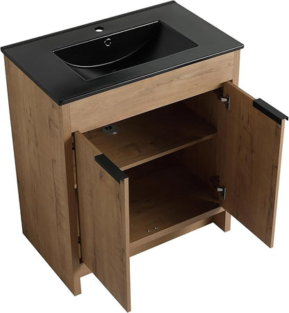 SSLine 30-Inch Bathroom Vanity with Sink Mid-Century Bathroom Vanities with Black Top Basin Floor Wood Bathroom Sink Cabinet with Soft-Close Doors & Adjustable Storage Shelves (Natural Brown)