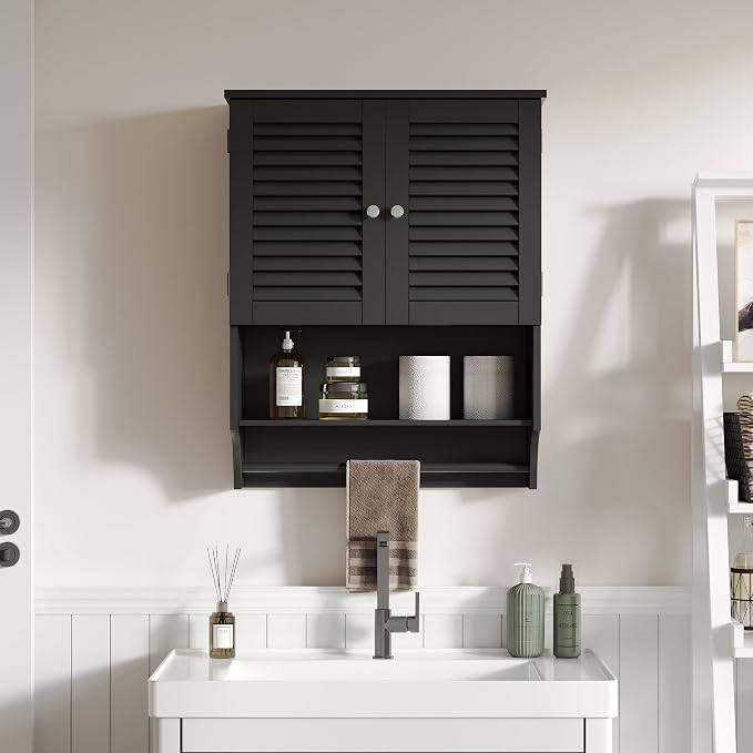 ChooChoo Bathroom Wall Cabinet with Towel Bar and Ample Storage | 23.6"L x 7.9"W x 27.5"H MDF Medicine Cabinet, Over The Toilet Space Saver Storage Cabinet with Adjustable Shelf, Black