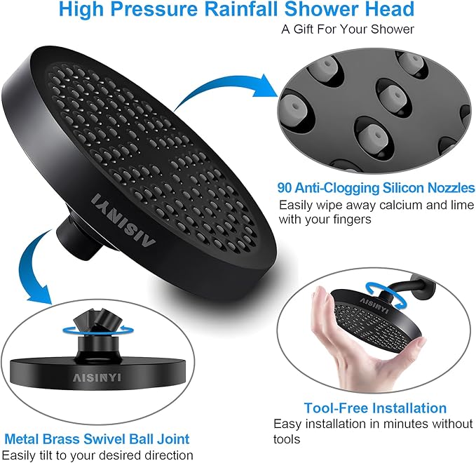 6" Rain Shower Head & 6" Shower Arm, Luxury Matte Black Finish | High Pressure 6 Inch Fixed Showerhead, Adjustable Replacement, 90 Nozzles, Removable Restrictor, Tool-Free Easy to Install