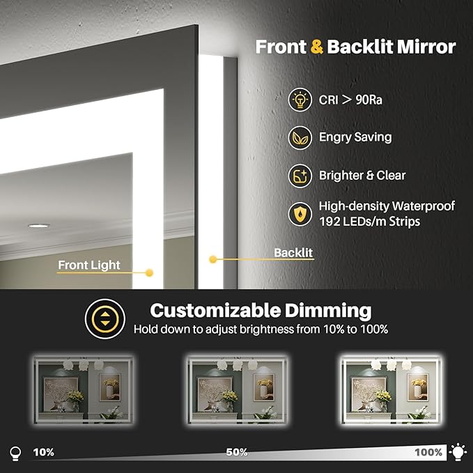 40x38 Inch LED Bathroom Mirror with Lights, Backlit & Front Lit, Anti-Fog Lighted Bathroom Vanity Mirror for Wall, Memory Function, Dimmable, HD Tempered Glass, Shatter-Proof