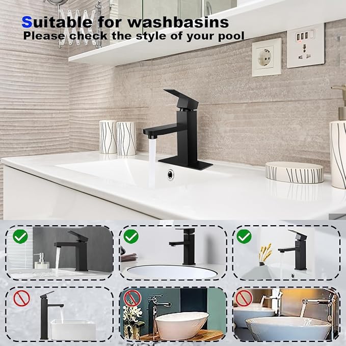washbasin Faucet, SUS304 Stainless Steel washbasin, Hybrid washbasin Sink Faucet, Non-Leakage, with Silent Function, Water-Saving, Corrosion-Resistant, for Kitchen and Bathroom (Black)