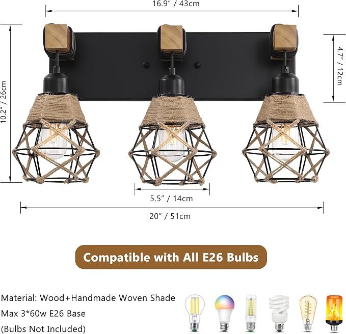 LmnLvn 3-Light Bathroom Vanity Light, Boho Farmhouse Hemp Rope Cage Shade | Wood & Black Metal Frame, Rustic Vanity Lighting, Mounted Over Mirror, Easy To Install for Restroom, Bedroom & Hallway