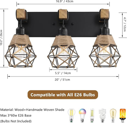 LmnLvn 3-Light Bathroom Vanity Light, Boho Farmhouse Hemp Rope Cage Shade | Wood & Black Metal Frame, Rustic Vanity Lighting, Mounted Over Mirror, Easy To Install for Restroom, Bedroom & Hallway