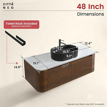 48" Floating Bathroom Vanity with Black Sink & Towel Rack, Walnut | Pre-Assembled Fluted Wall Mounted Vanity with Ceramic Vessel Sink, Rounded Edges, Soft-Close Drawer