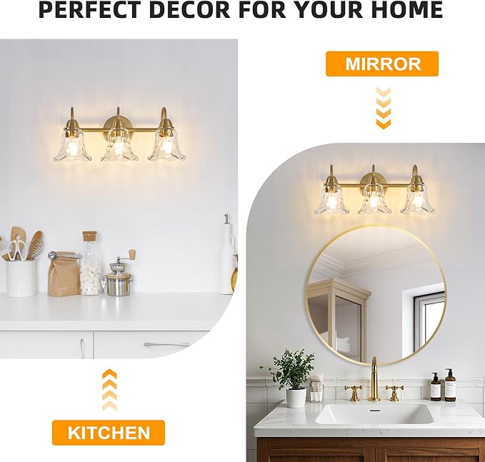 Bathroom Light Fixtures Over Mirror, 3 Lights Vintage Wall Sconces with Hammered Glass Shade, 19.3" Gold Bathroom Wall Light Fixtures for Bedroom, Porch, Hotel, Mirror Cabinet