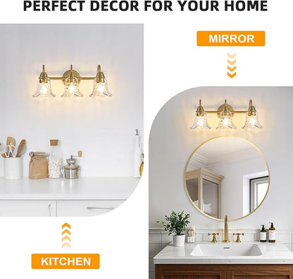 Bathroom Light Fixtures Over Mirror, 3 Lights Vintage Wall Sconces with Hammered Glass Shade, 19.3" Gold Bathroom Wall Light Fixtures for Bedroom, Porch, Hotel, Mirror Cabinet