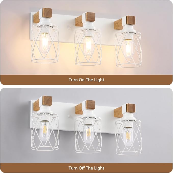Farmhouse 3-Light Wood Bathroom Vanity Light, White Metal Cage Shade | Mounted Over Mirror, Industrial Rustic Style, Ideal for Bathroom, Bedroom, Hallway & Living Room, Easy To Install