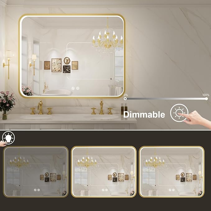 43X36 Inch Gold Framed LED Lighted Bathroom Mirror