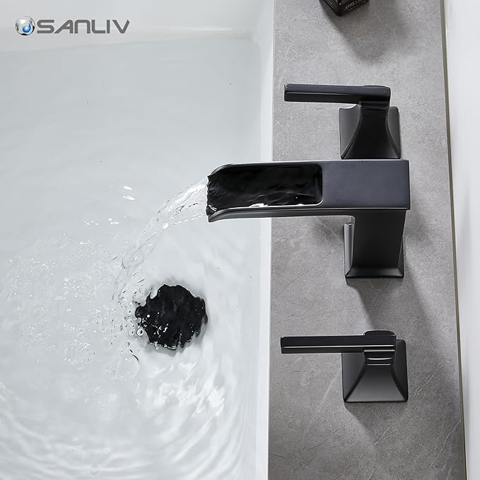 Black Waterfall Bathroom Faucet 3 Hole, Sanliv 8 or 4 Inch Widespread Bathroom Sink Faucets, Modern Vanity Faucet 3 Holes with Pop Up Drain and Supply Lines, ‎Matte Black