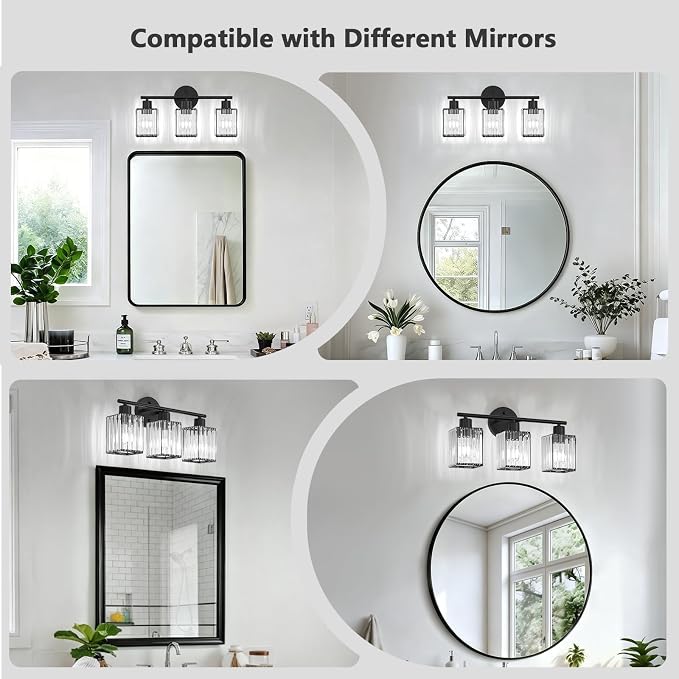 3 Light Bathroom Light Fixtures, Modern Crystal Vanity Lights over Mirror | Metal Frame, Bathroom Light with Square Crystal Shade, ETL Certified, E26 Ceramic Socket, Bulbs Not Included
