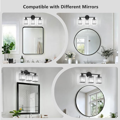 3 Light Bathroom Light Fixtures, Modern Crystal Vanity Lights over Mirror | Metal Frame, Bathroom Light with Square Crystal Shade, ETL Certified, E26 Ceramic Socket, Bulbs Not Included