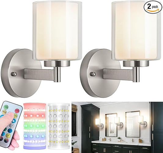 Battery Operated Wall Sconce Set of 2, Wireless Wall Sconce with Remote,10000mAh Rechargeable RGB Dimmable Bathroom Light Fixtures with Double Clear Glass Shade NOT Hardwired (Nickel)