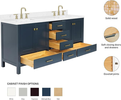 ARIEL Cambridge 72-inch Bathroom Vanity with Sink,Solid Wood, 1.5-inch Carrara White Quartz Countertop, Double Rectangular Porcelain Sink, 4 Soft Closing Doors, 6 Dovetail Drawers, Midnight Blue