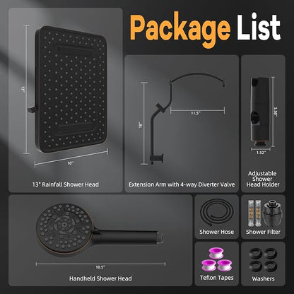 Hibbent Dual-Filtered 13" Showerhead & 10-Mode Handheld, Oil-Rubbed Bronze | High Pressure 5-Spray Showerhead, 4-way Diverter, Heightened All Metal Extension Arm, 3 Filter Cartridges, Easy Reach